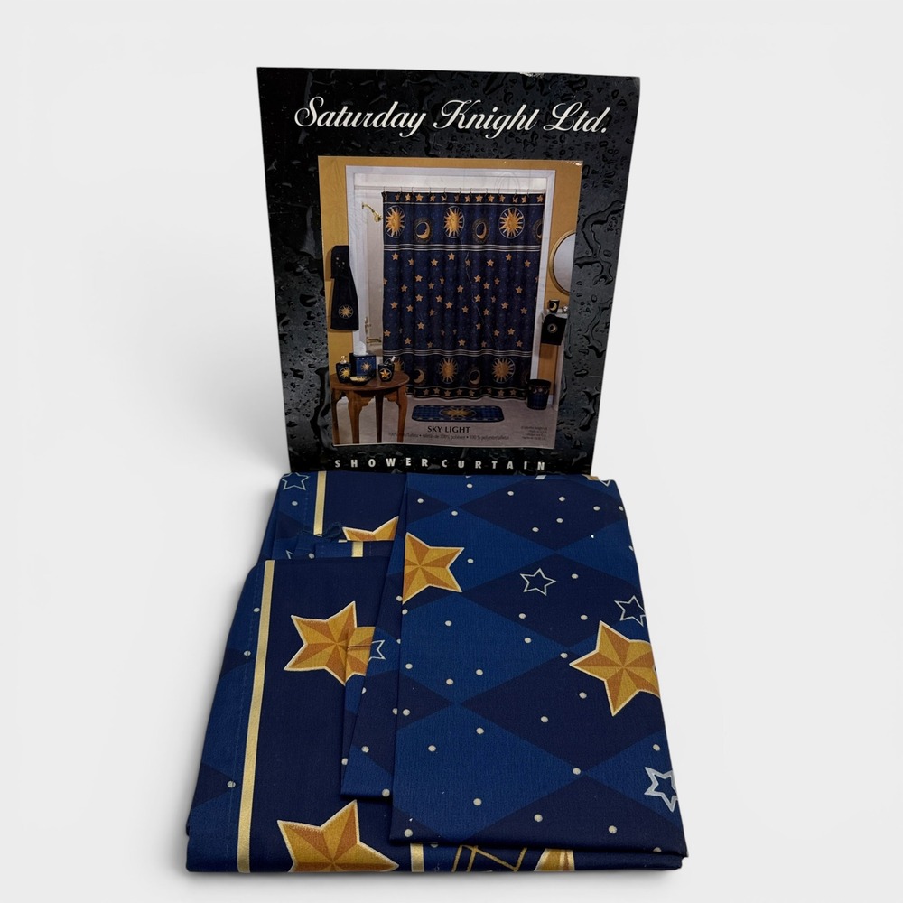 Vtg Sky Light Shower Curtain Navy Gold Celestial Sun Moon Stars READ
